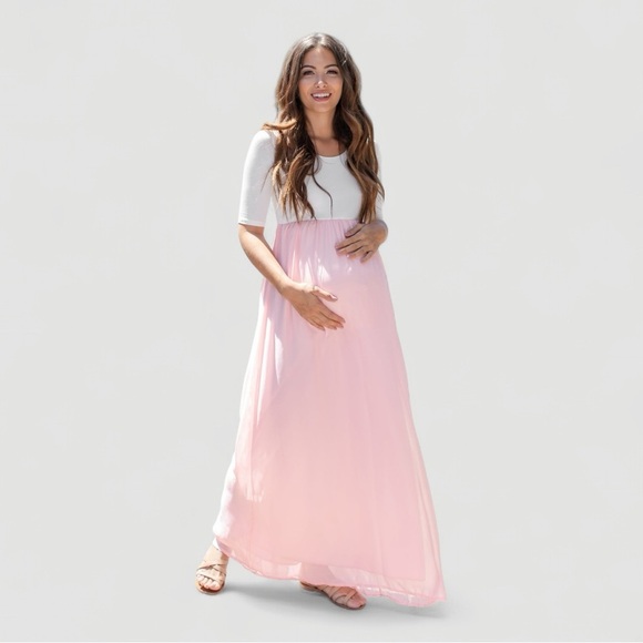 PinkBlush Light Pink Chiffon Colorblock Maternity Maxi Dress l Petite Small - Picture 1 of 4